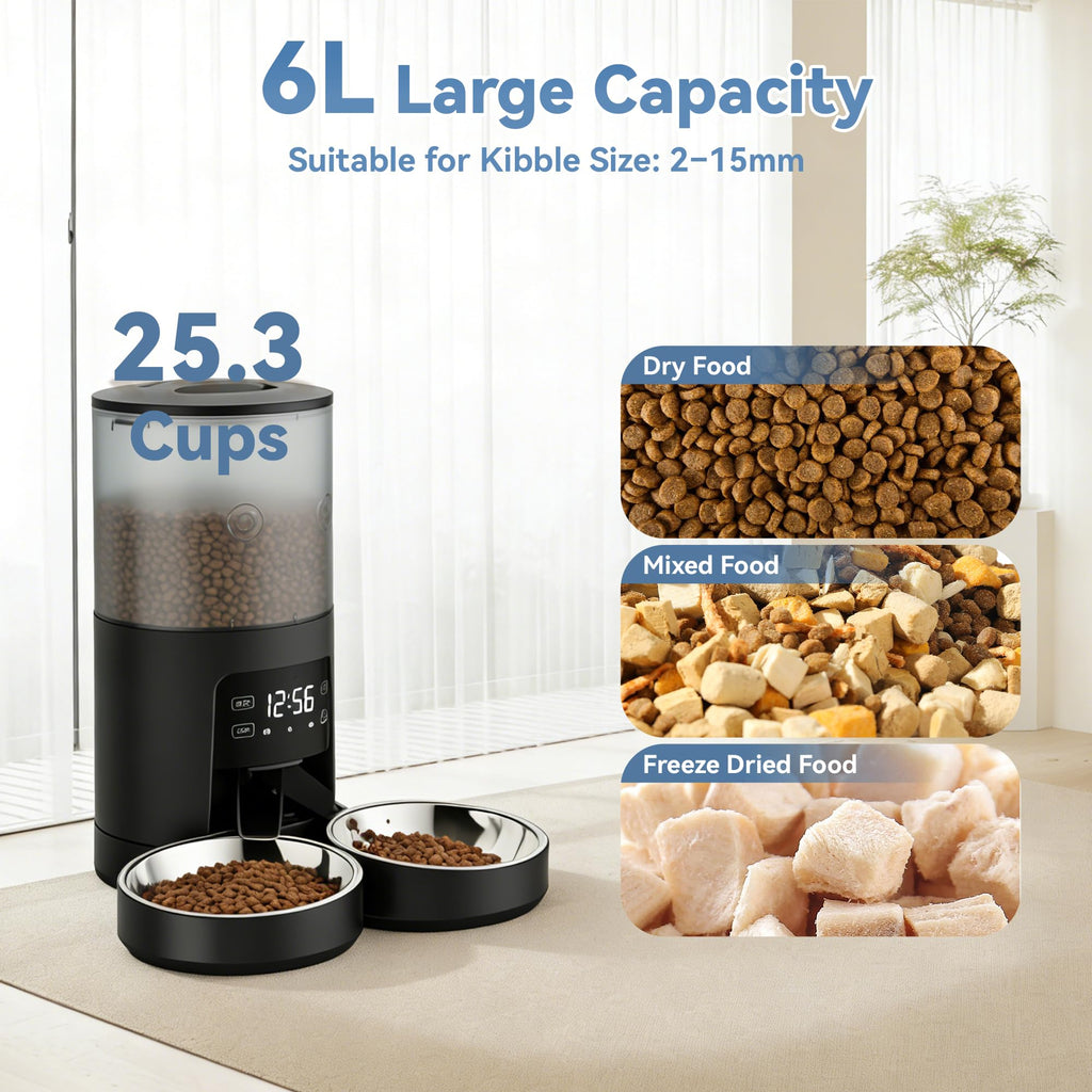 6L Automatic Cat Feeder with 2 Stainless Bowls Black Y458