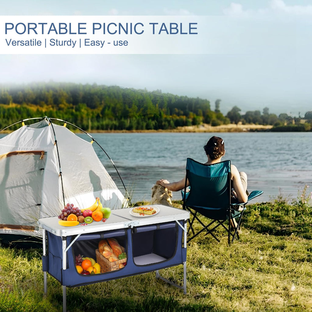 Folding Camping Table with Storage, 3 Height Adjustable, Lightweight, 4 Ft Aluminum J197