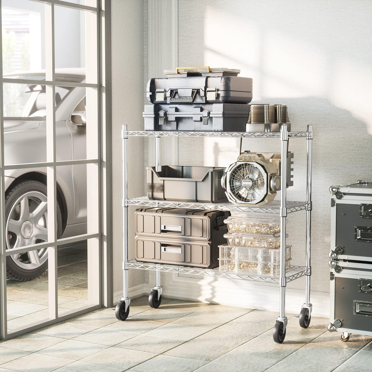 3-Tier Heavy Duty Metal Storage Shelves with Casters V58289