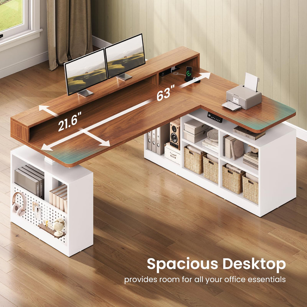 63" L Shaped Electric Standing Desk with Storage A501