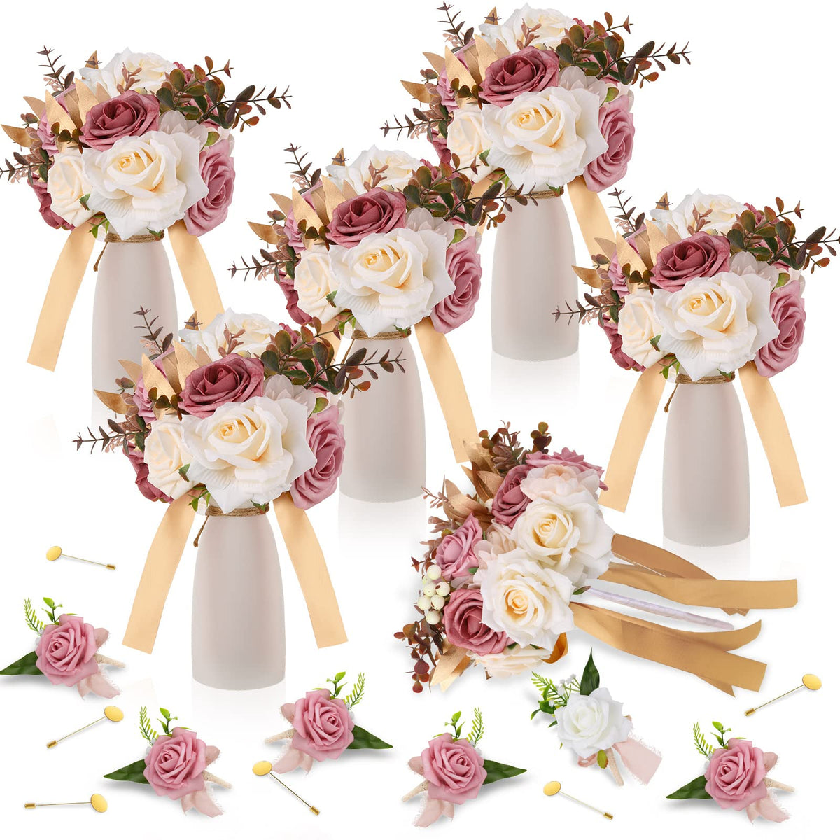 12 Pcs Artificial Bouquets and Boutonniere Set Rose White S155151