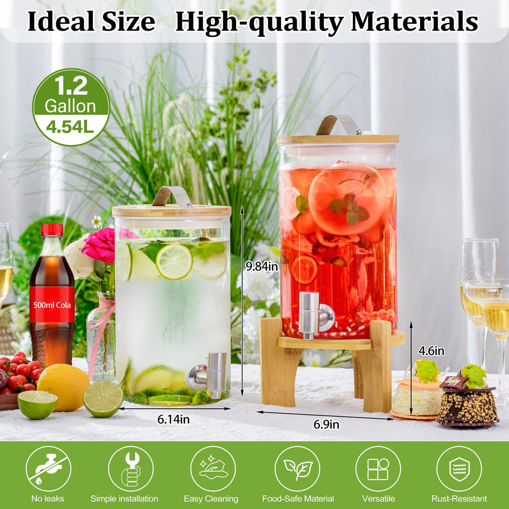 1.2 Gallon Glass Drink Dispenser with Stand and Spigot, 2 Pack V531