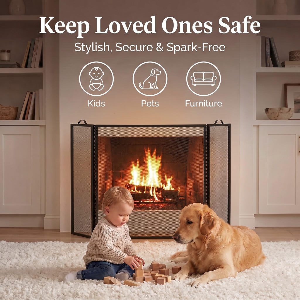Metal Fireplace Screen 3 Panel Black E125579