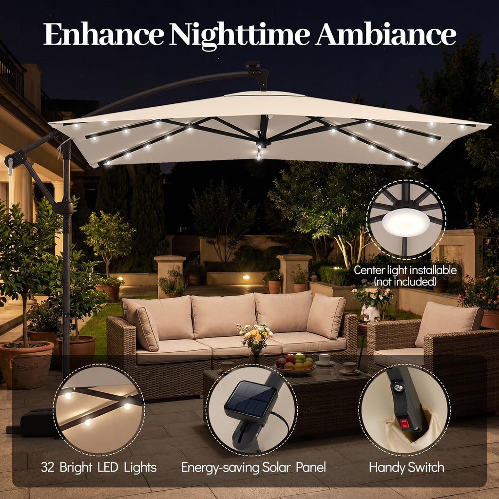 8x8 FT Solar Square Offset Cantilever Umbrella with Base S4575