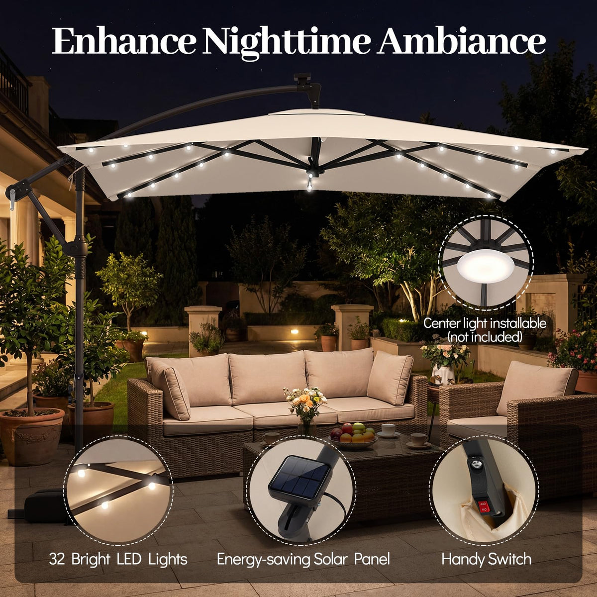 8x8 FT Solar Square Offset Cantilever Umbrella with Base S4575