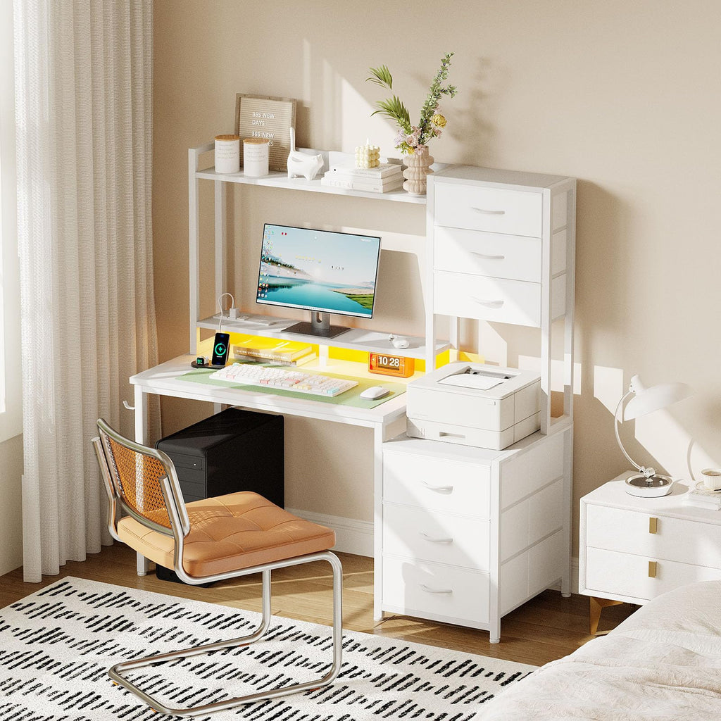 47 Inch White Computer Gaming Desk with Hutch and 6 Fabric Drawers O654521