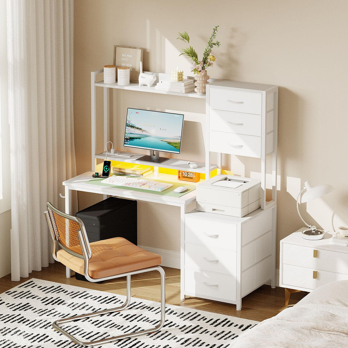 47 Inch White Computer Gaming Desk with Hutch and 6 Fabric Drawers O654521