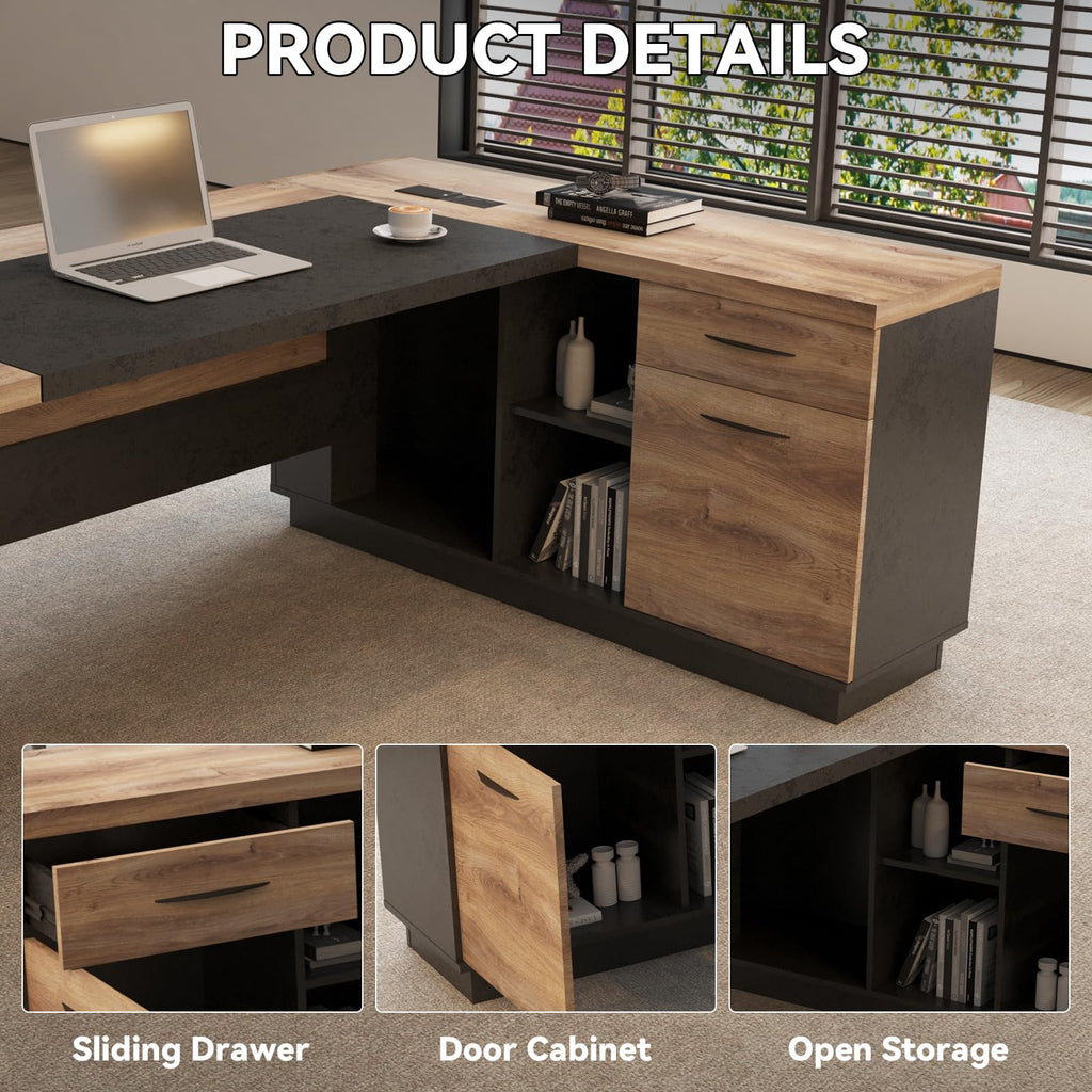 Black and Wood L Shape Executive Desk with Drawers and Shelves Z82890