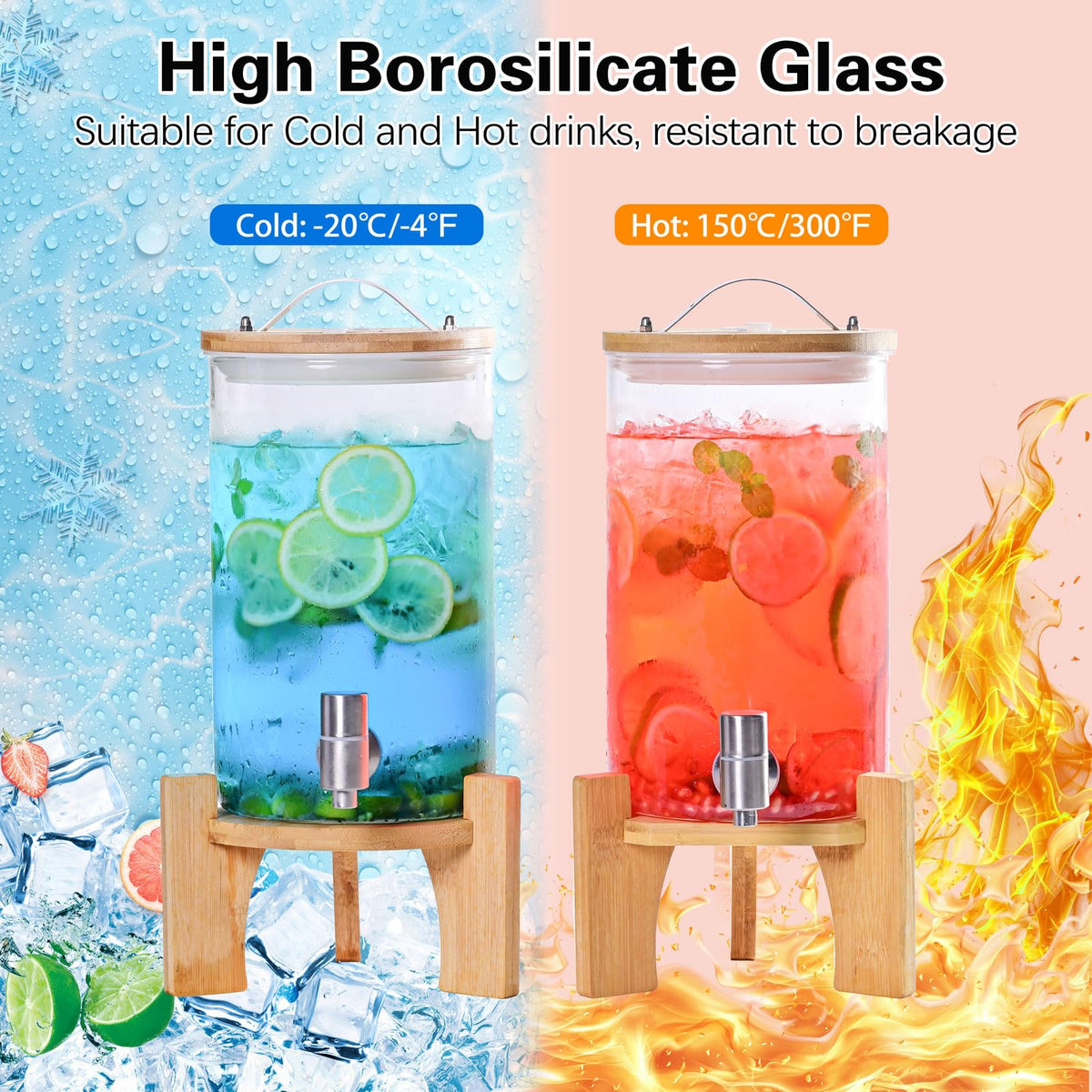 1.2 Gallon Glass Drink Dispenser with Stand and Spigot, 2 Pack V531