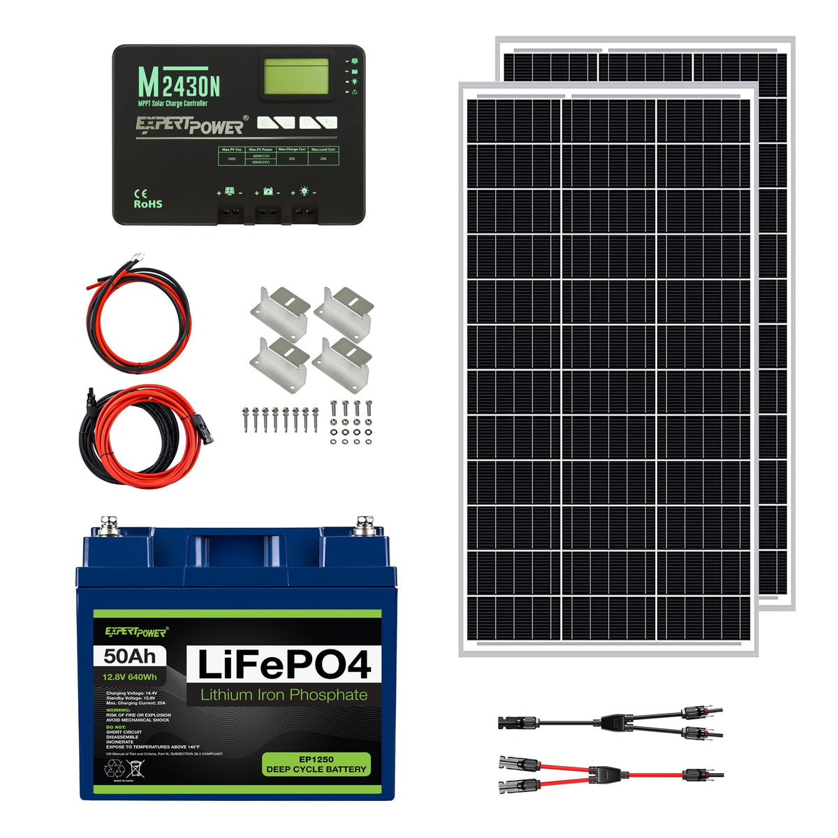 200W 12V Solar Panel Kit with 50Ah LiFePO4 Battery and 30A MPPT Charge Controller E39903