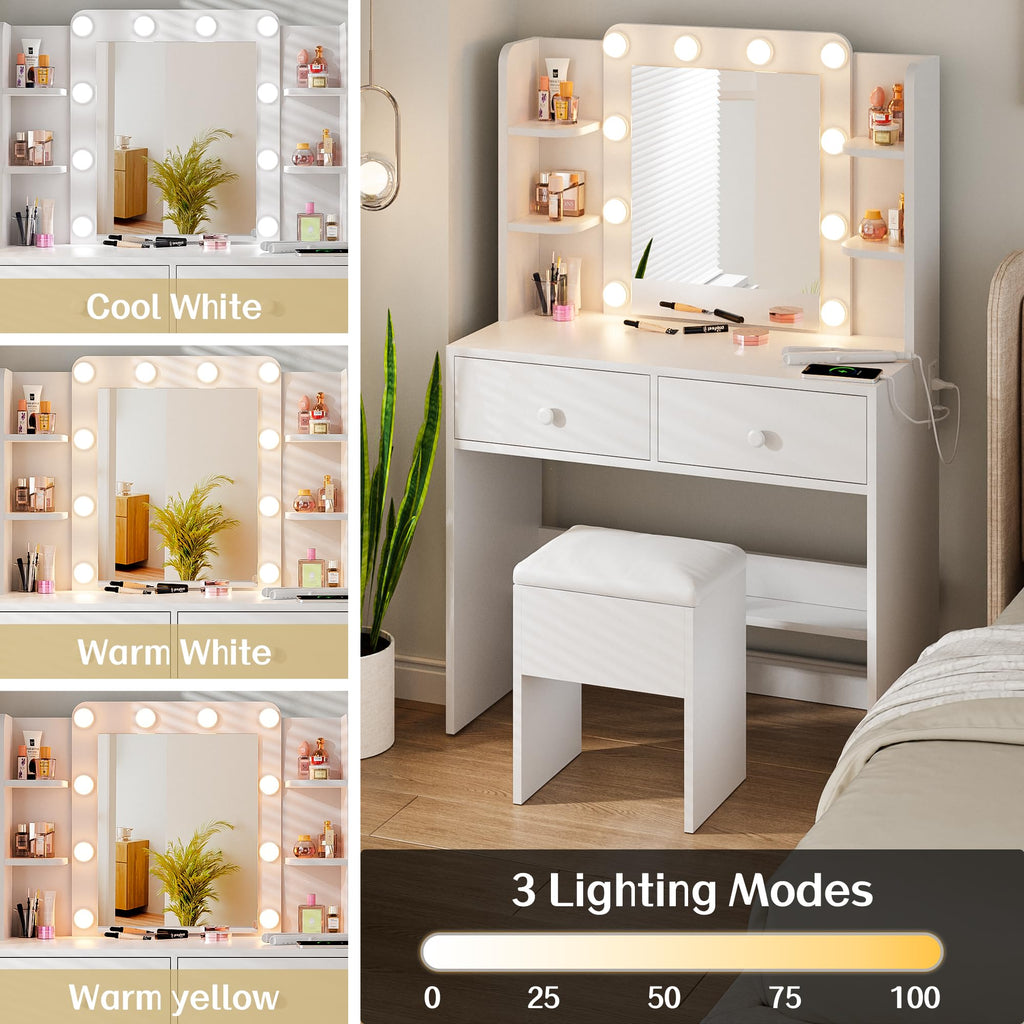 White Vanity Desk with Lighted Mirror and Chair T192