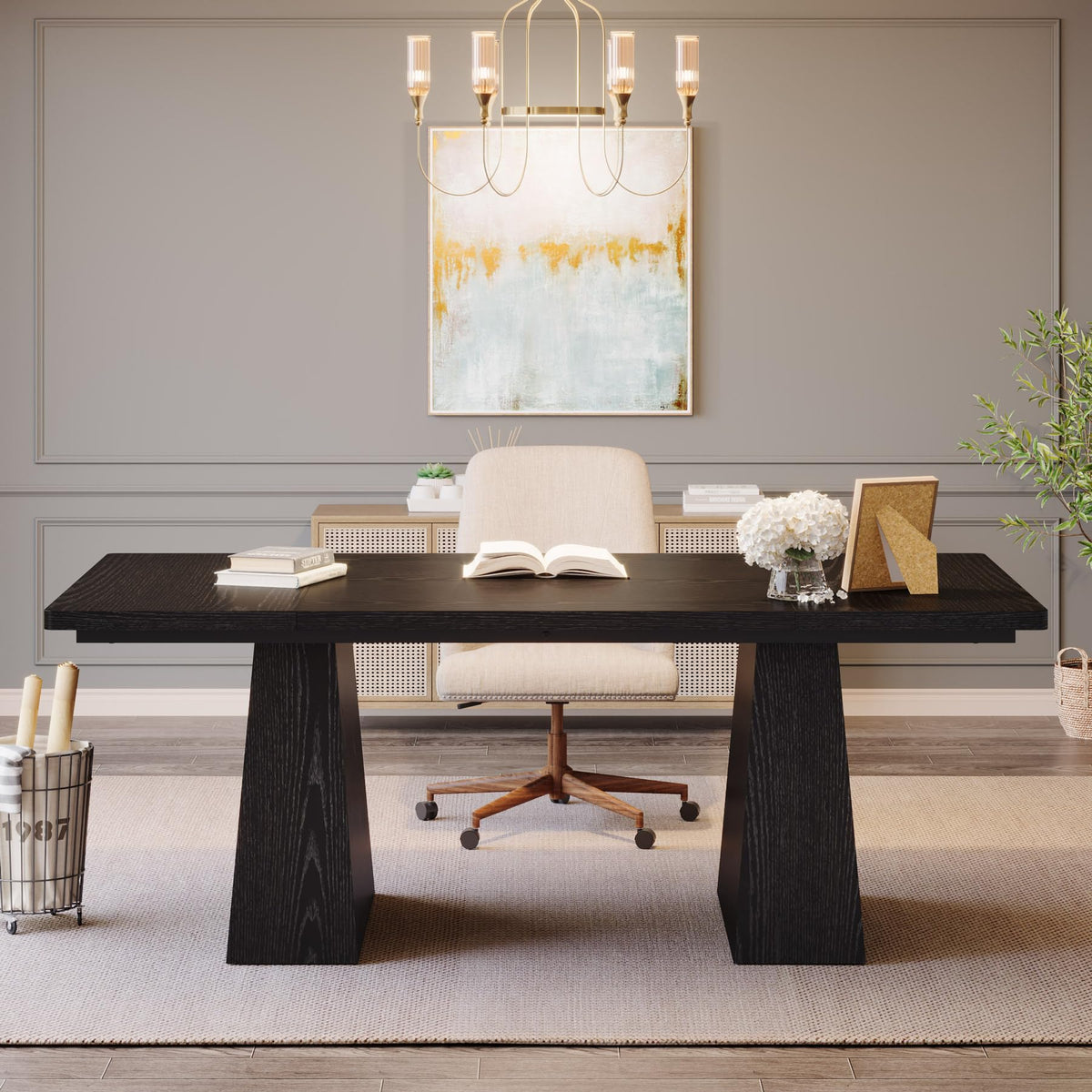 63-Inch Black Executive Desk with Double Pedestal V14961