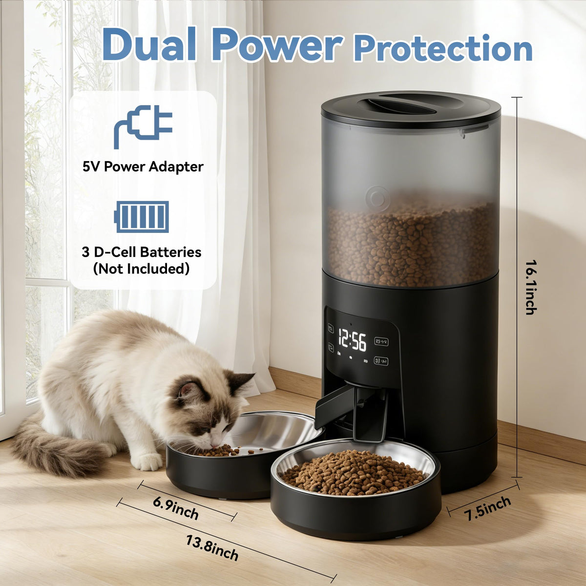 6L Automatic Cat Feeder with 2 Stainless Bowls Black Y458