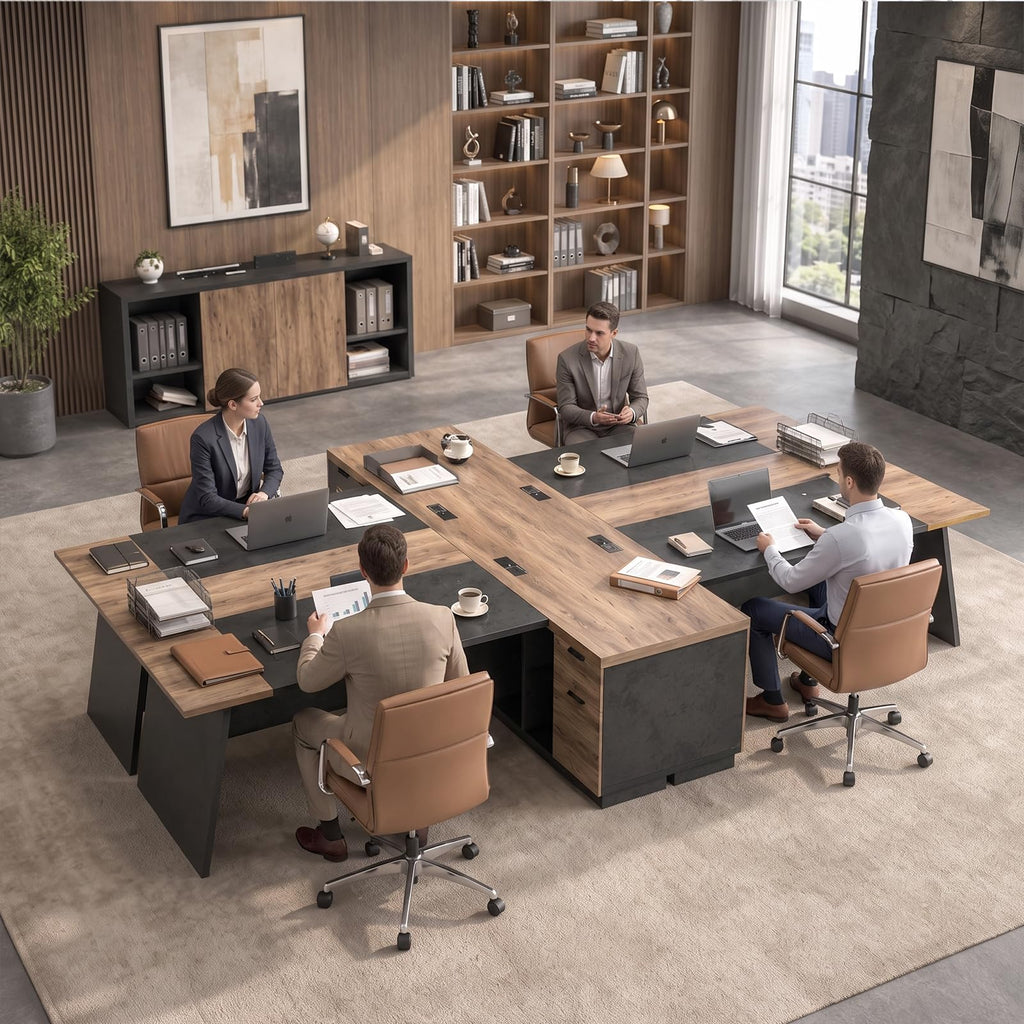 Black and Wood L Shape Executive Desk with Drawers and Shelves Z82890
