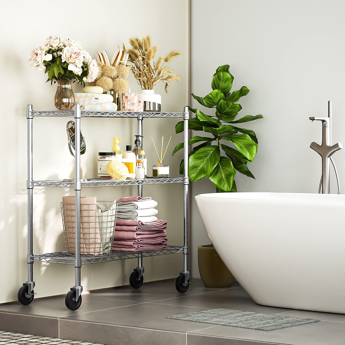 3-Tier Heavy Duty Metal Storage Shelves with Casters V58289