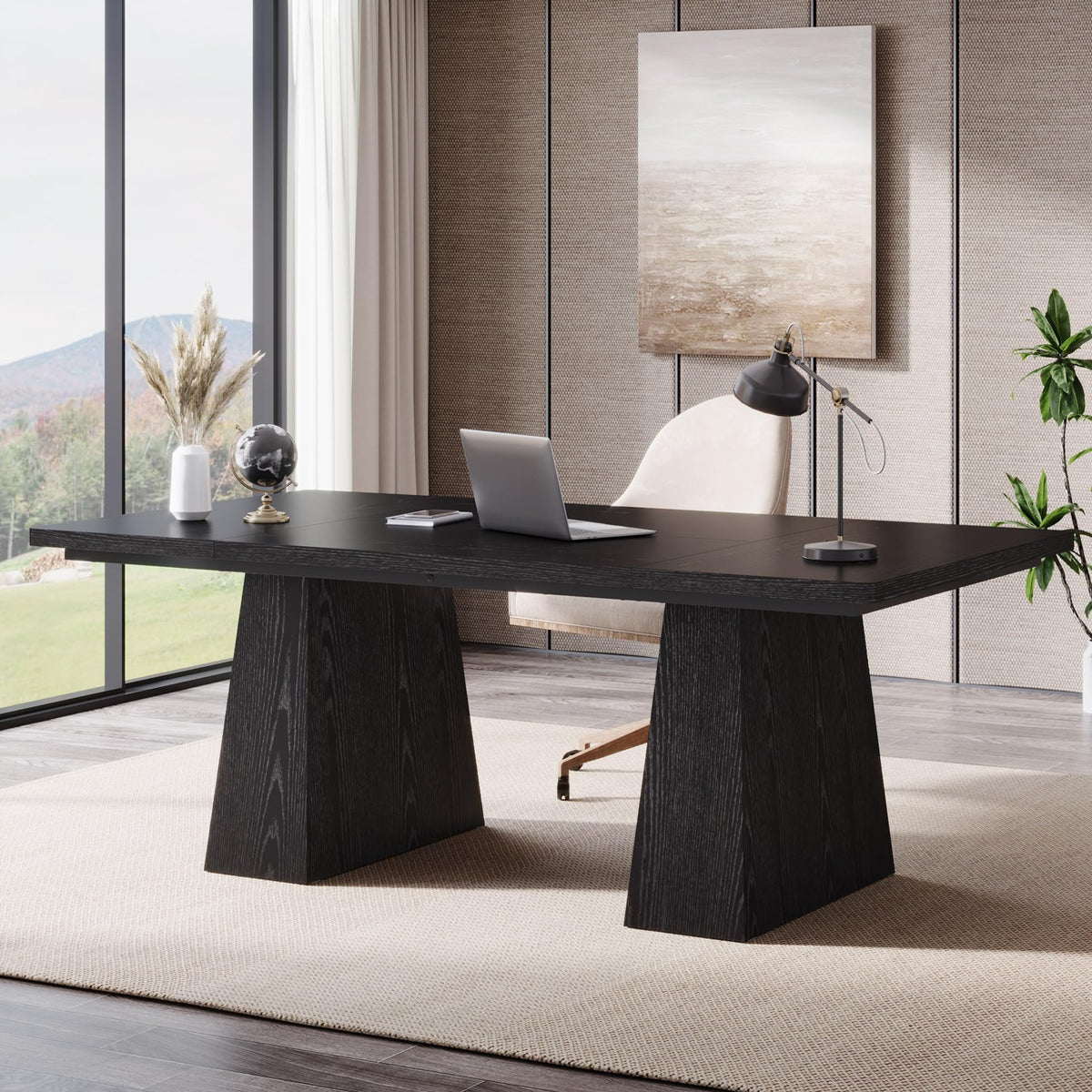 63-Inch Black Executive Desk with Double Pedestal V14961