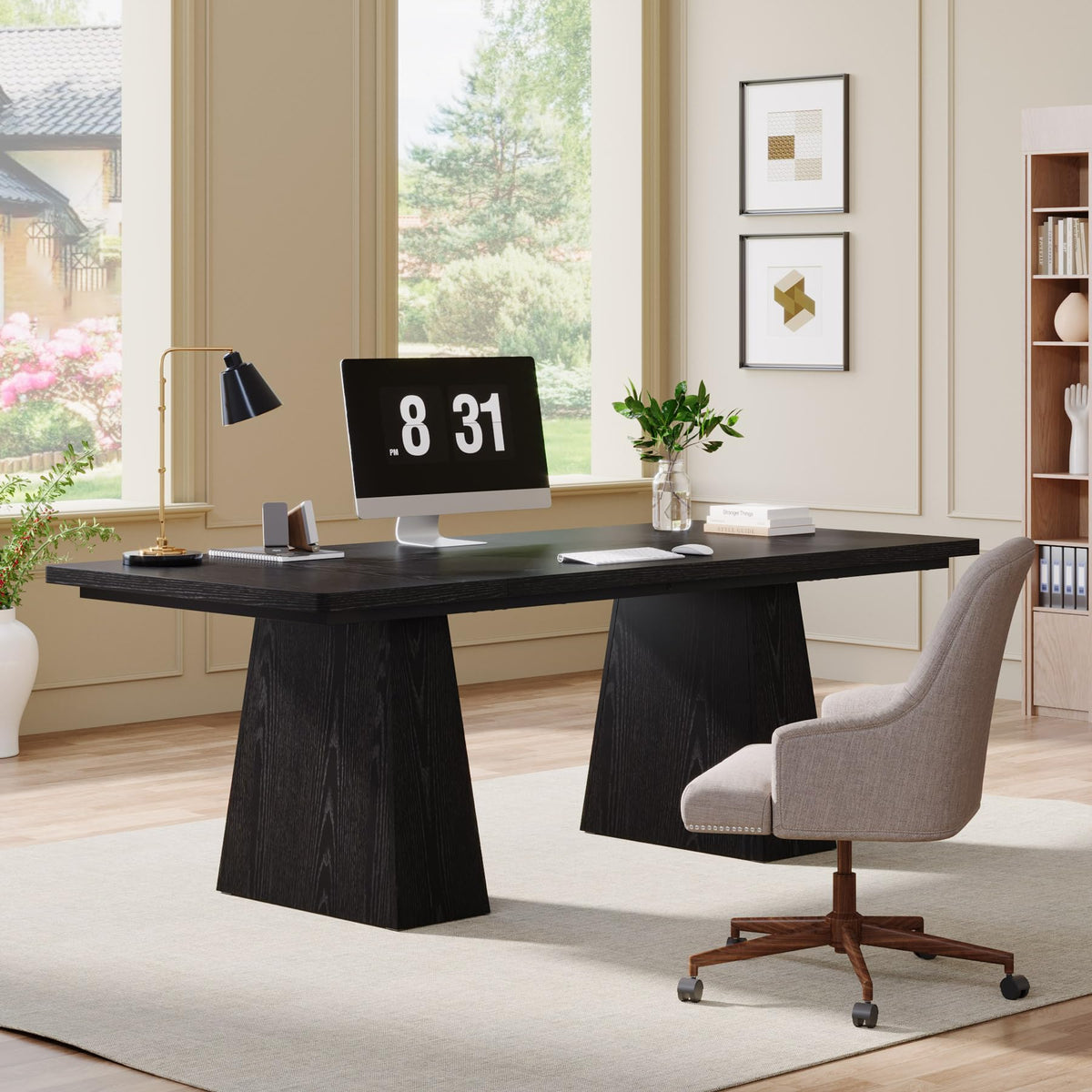 63-Inch Black Executive Desk with Double Pedestal V14961