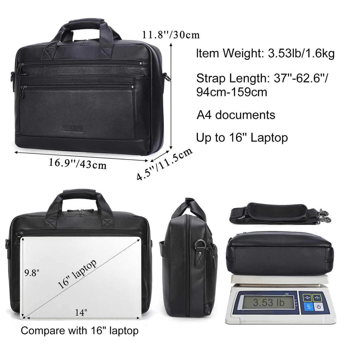 Black Leather 16 Inch Laptop Briefcase Bag A455