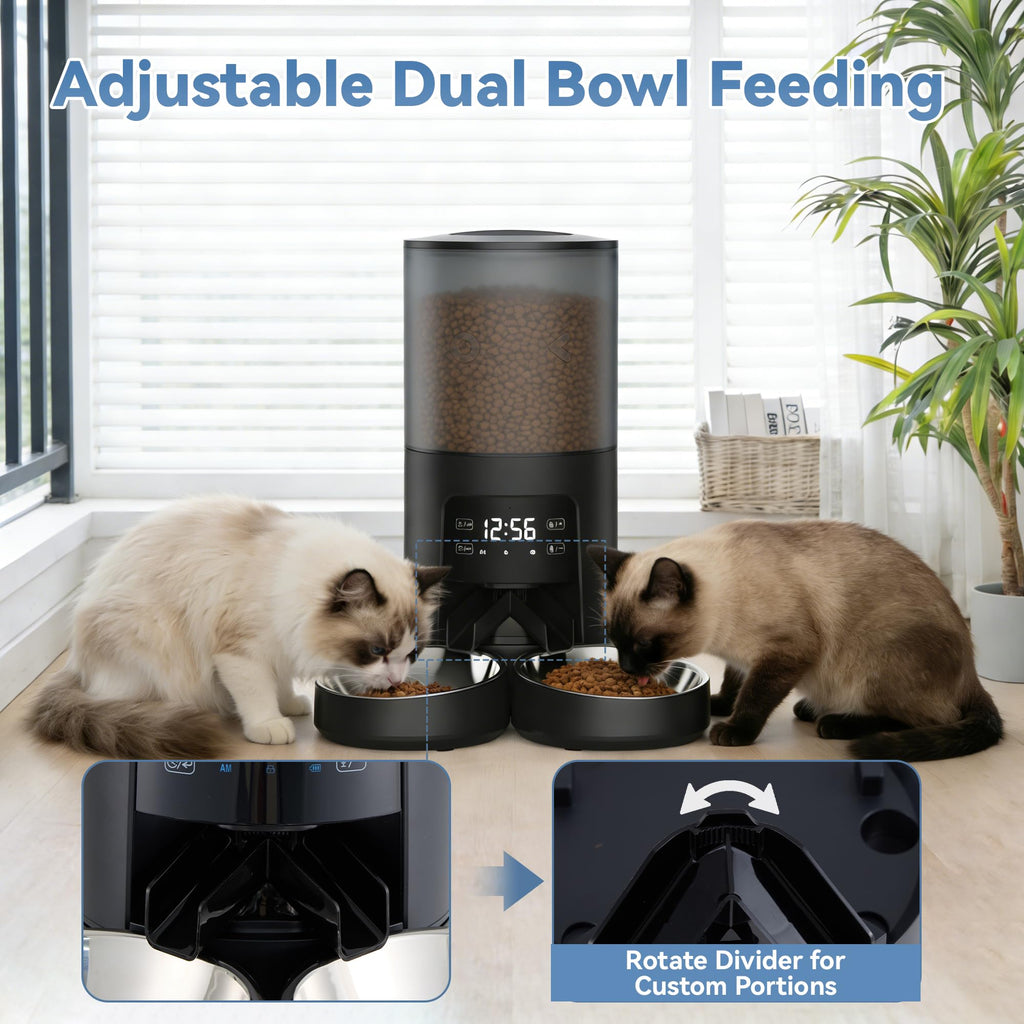 6L Automatic Cat Feeder with 2 Stainless Bowls Black Y458