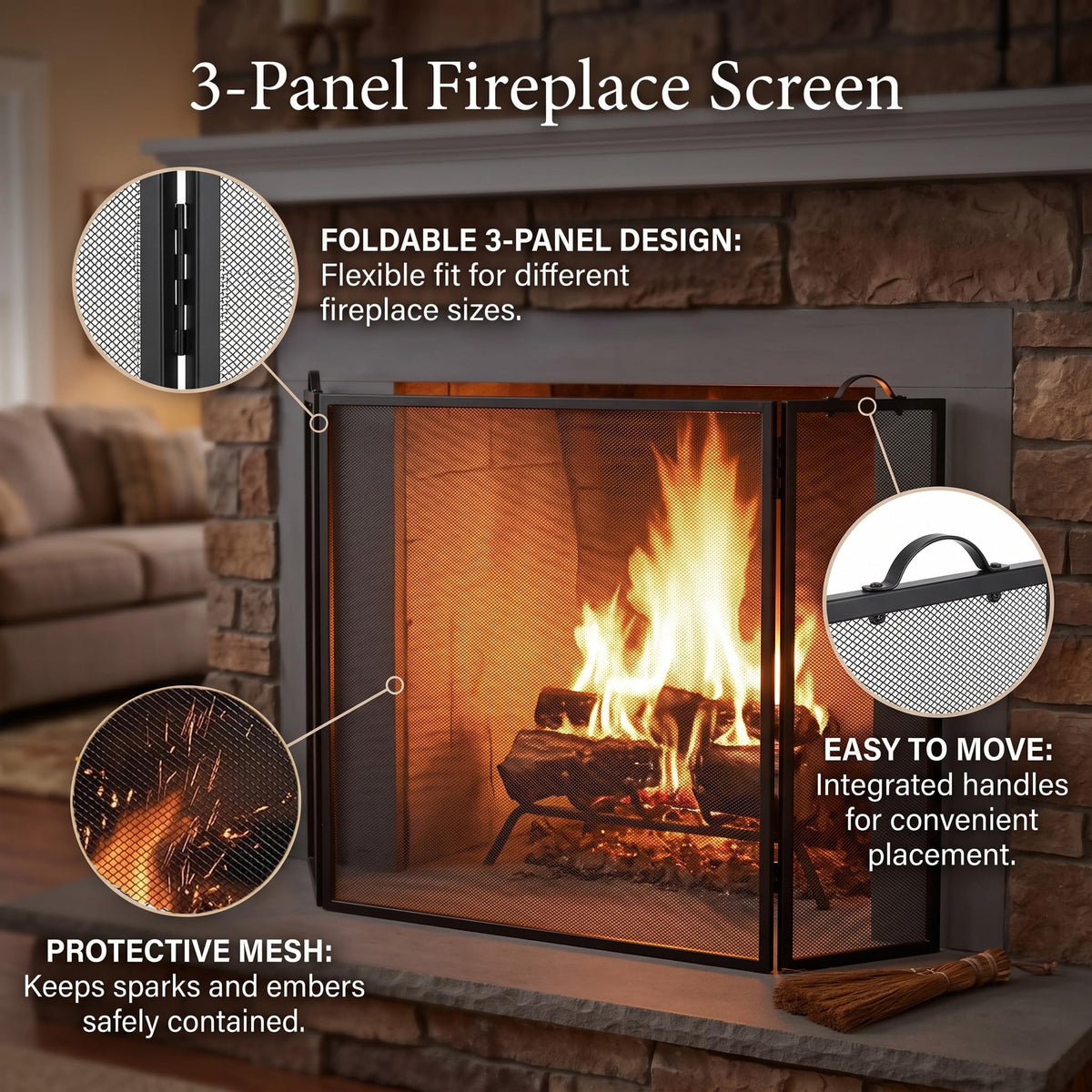 Metal Fireplace Screen 3 Panel Black E125579