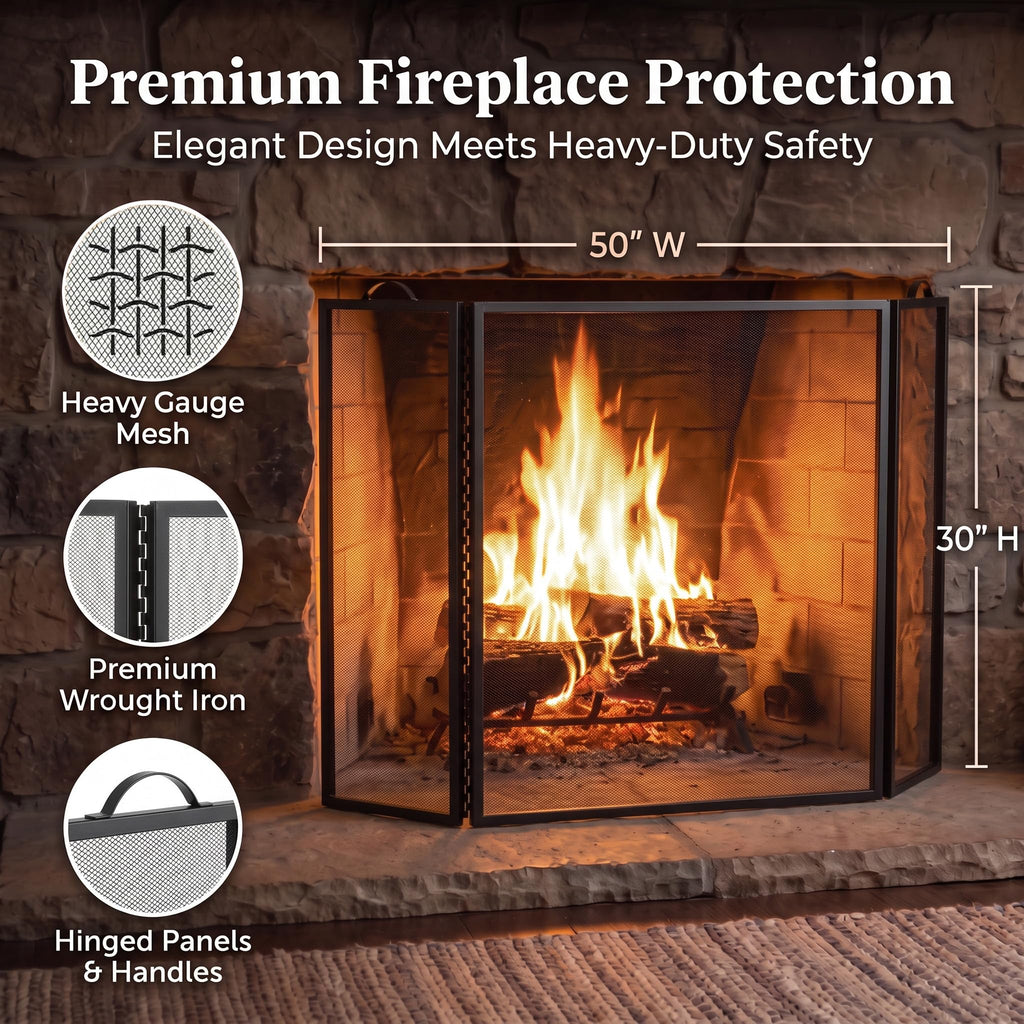 Metal Fireplace Screen 3 Panel Black E125579